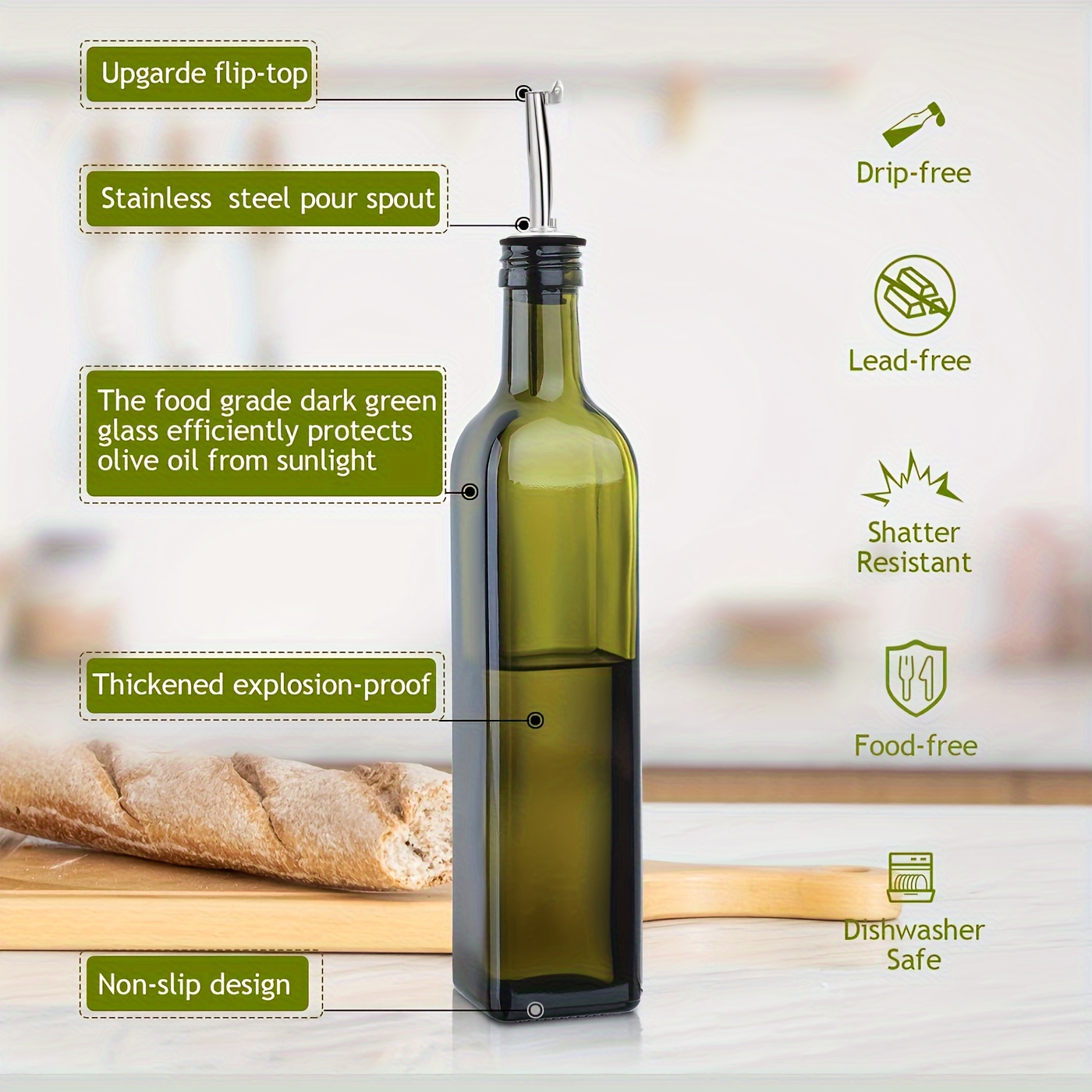 Feelhap Bouteille en verre pour huile d'olive, 500ml Ensemble Distributeurs  d'Huile et de Vinaigre, Lot de 4 Bouteille Huile Lavable au Lave-Vaisselle