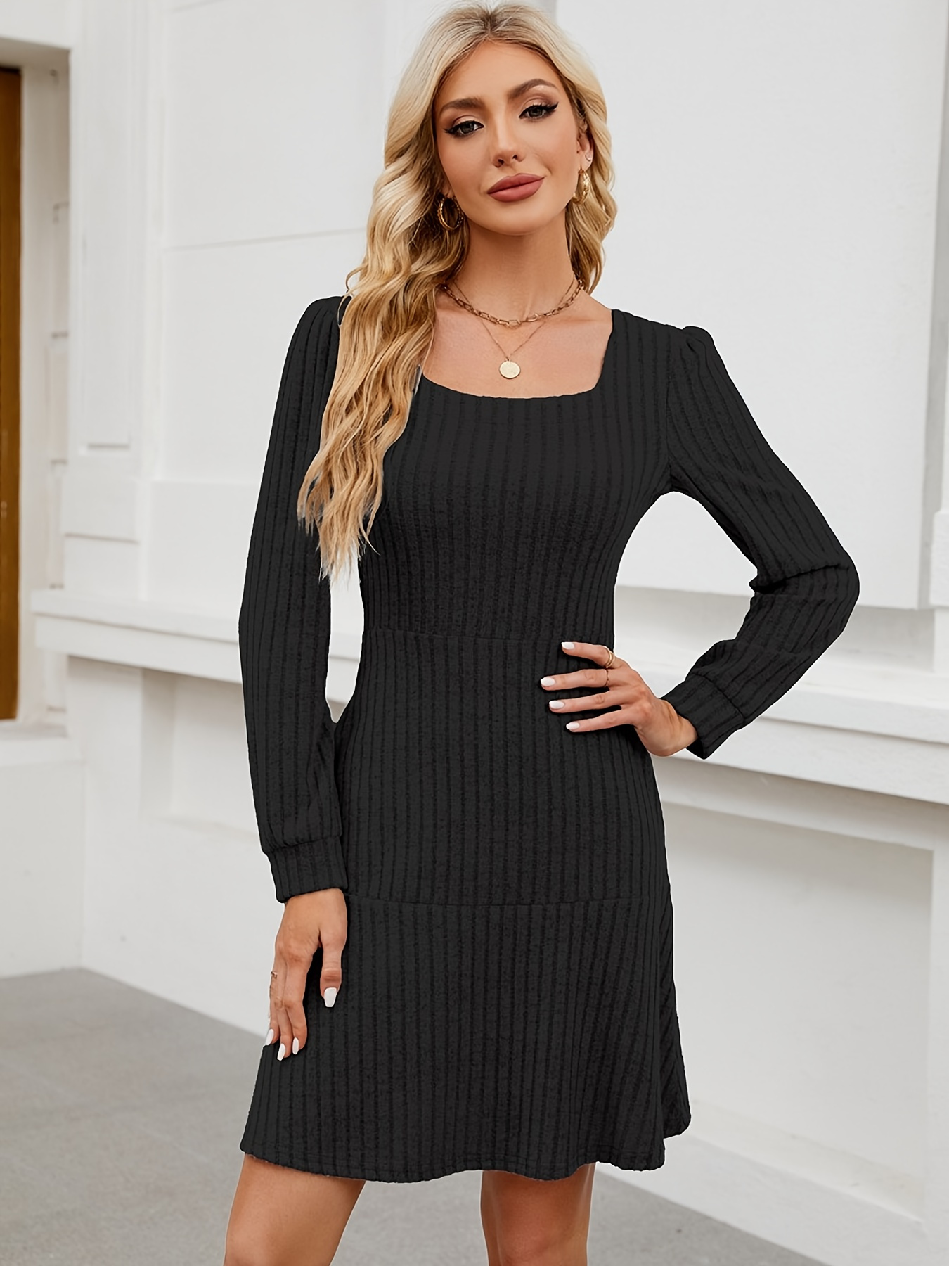 womens square neck long sleeve bodycon dress rayon - Temu Canada