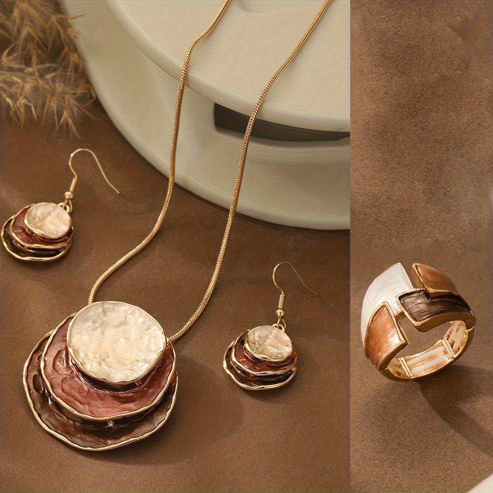 TEMU Round 3pcs Jewelry Alloy Enamel Geometric Jewelry Set For Women Additions 2025 Golden Plated 1 Pair Earrings 1pc Necklace 1pc Ring Daily Party