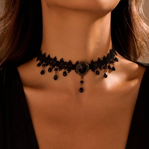 1pc gothic vintage necklace for women elegant black lace tassel choker with accents adjustable clasp durable plastic jewelry for everyday special occasions versatile accessory vintageinspired design intricate detailing