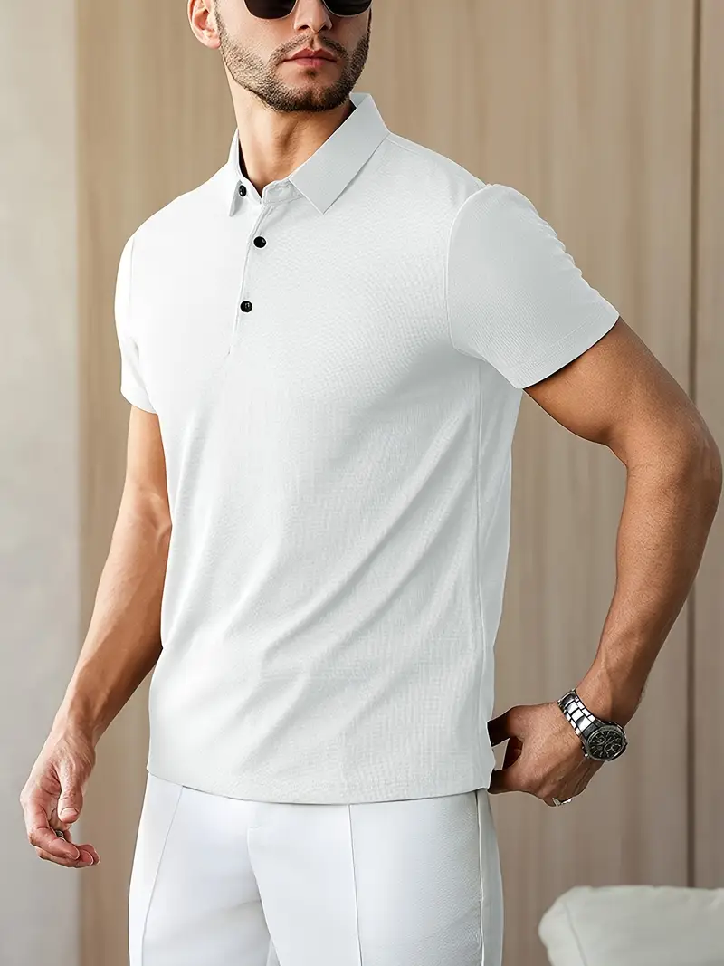 mens summer shirt solid color casual short sleeve with button collar lightweight polyester for sports outdoor leisure activities casual summer wear knitted weave details 14
