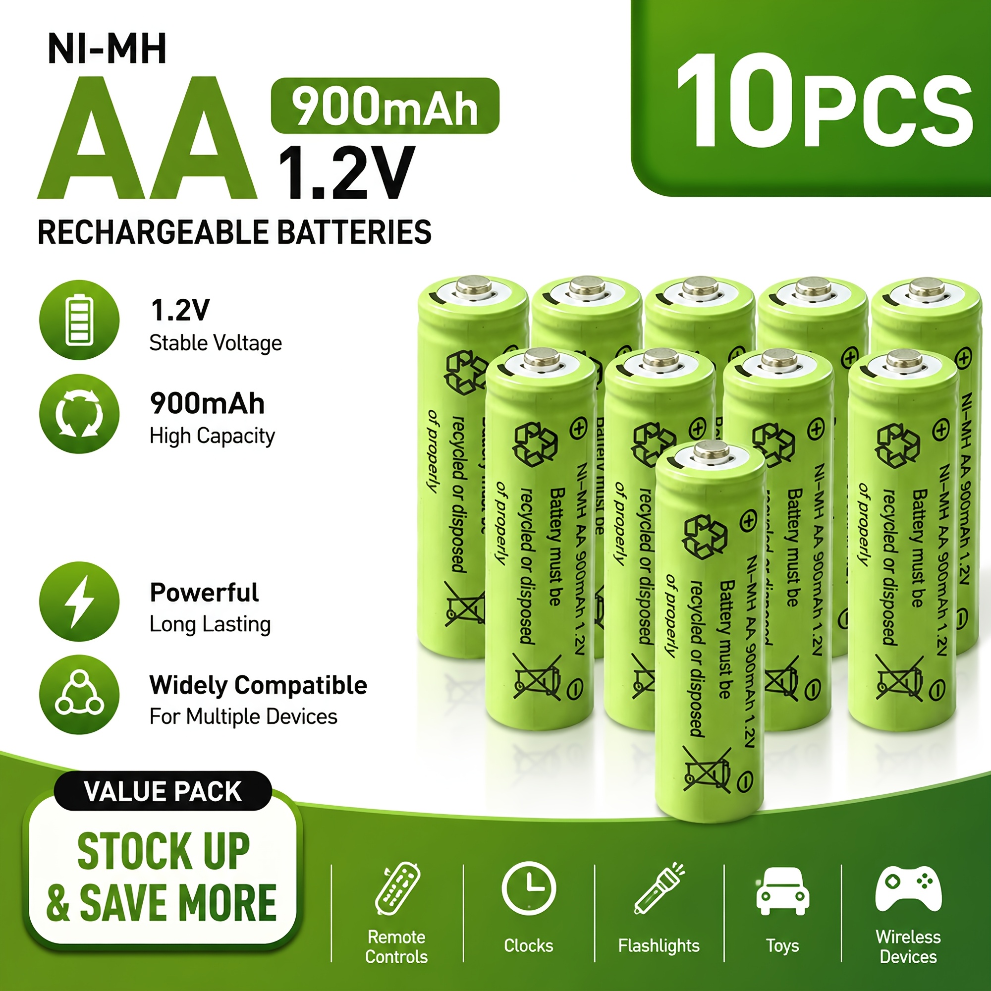 TEMU Lot de 20/10 piles AA 900 mAh Ni-MH rechargeables, stockage en vrac, très grande valeur, jusqu'à 1000 cycles, alimentation stable pour horloge