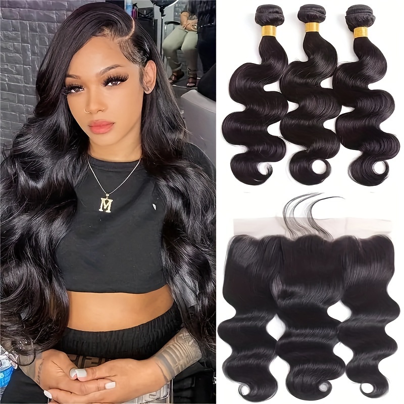 

13x4 Lace Frontal With 3 Bundles Body Wave Brazilian Virgin Human Hair 3 Bundles With Frontal 13x4 Ear To Ear Hd Lace Frontal With Body Wave Bundles Pre Plucked With Baby Hair Natural Black Color