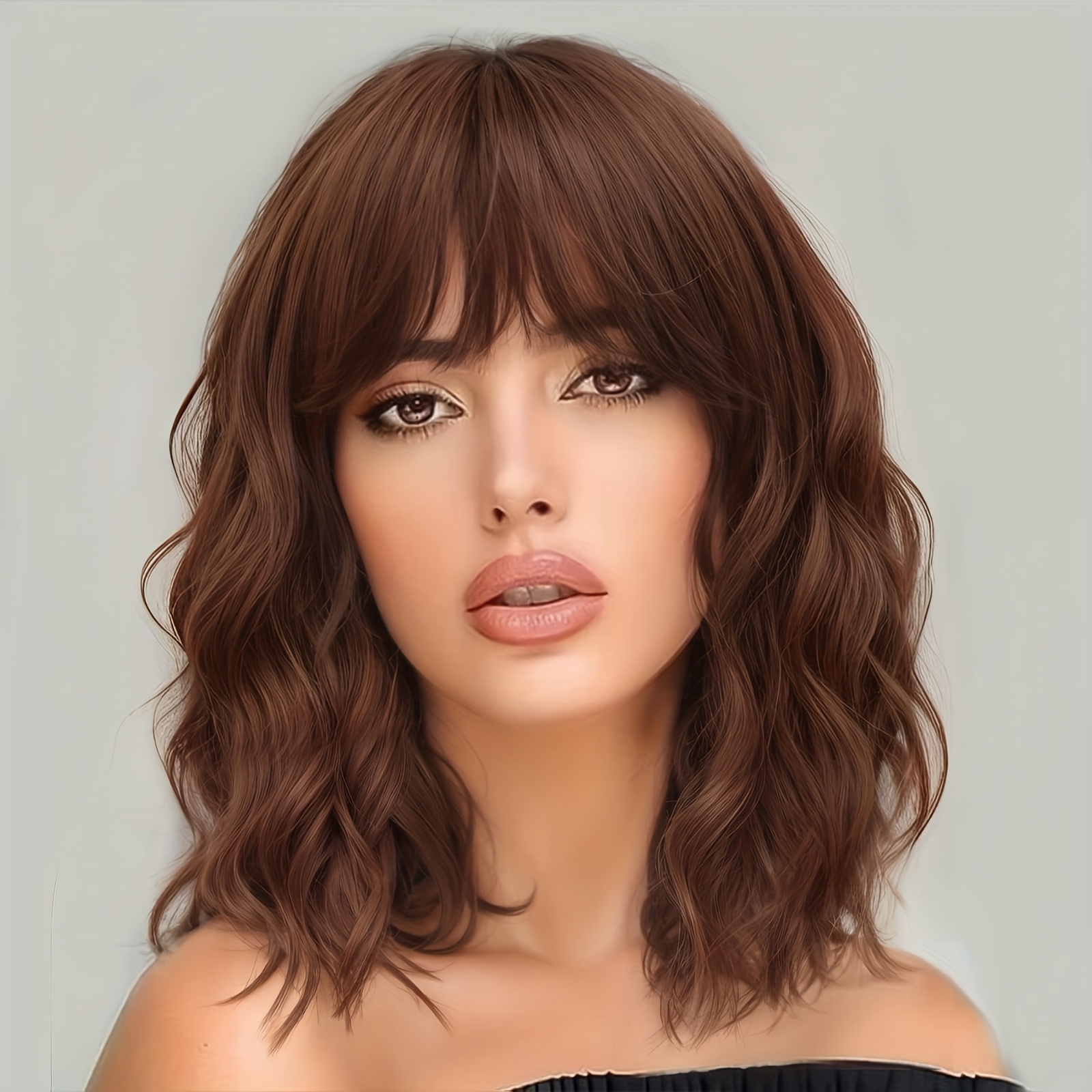 Image of Short Brown Curly Wigs With Bangs Curly Wavy Bob Wig For Women Shoulder Length Synthetic Wig Daily Party Cosplay Costume Christmas Wig