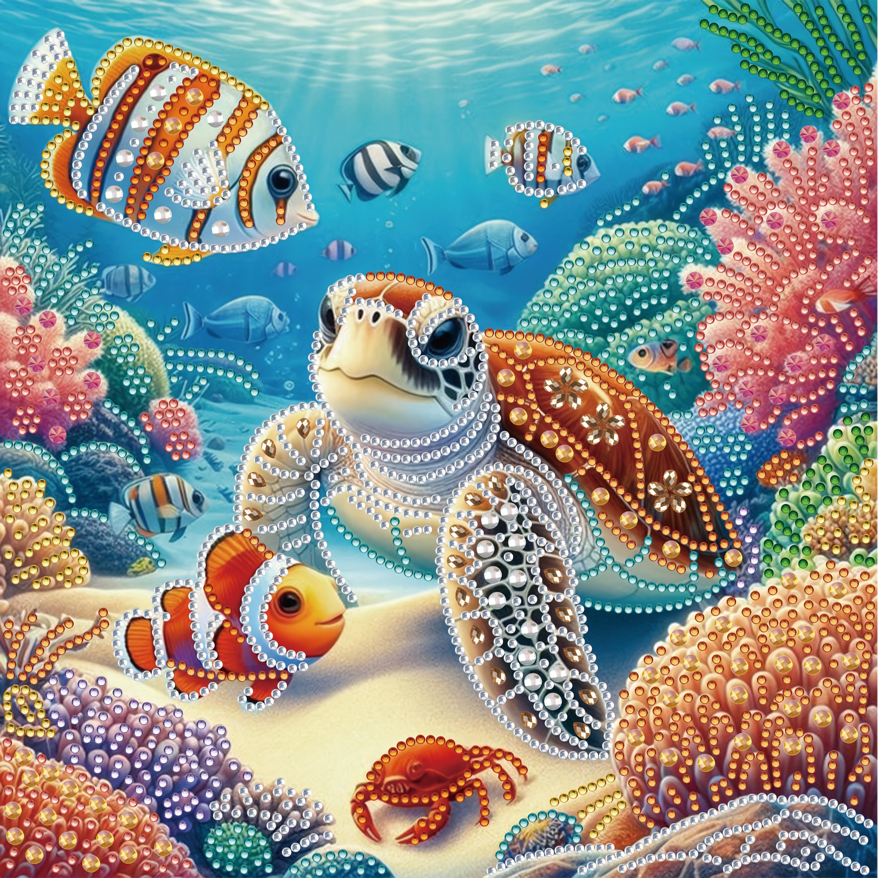 Image of A Collection Of Diamond Painting Kits "sea Turtle's Fantasy Ocean Swimming, " Featuring Handmade Crafts With Irregular Diamond Inlays. This Completed Or Presented As A Handmade Gift To