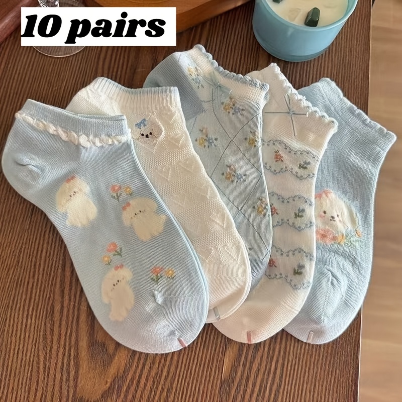 TEMU 10 Pairs Of Breathable Short Tube Socks Suitable For & - 3 Relief Embroidery Puppy & Floral, Machine Washable Ankle Socks For, , Casual Attire