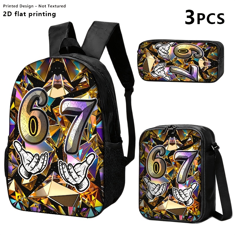 TEMU Printed Design-non Textured 1pc/2pcs/3pcs Backpack, 2d Printed Shoulder Bag With '67' And Hand ; Ideal For Stylish Adults In Daily , Travel, Or