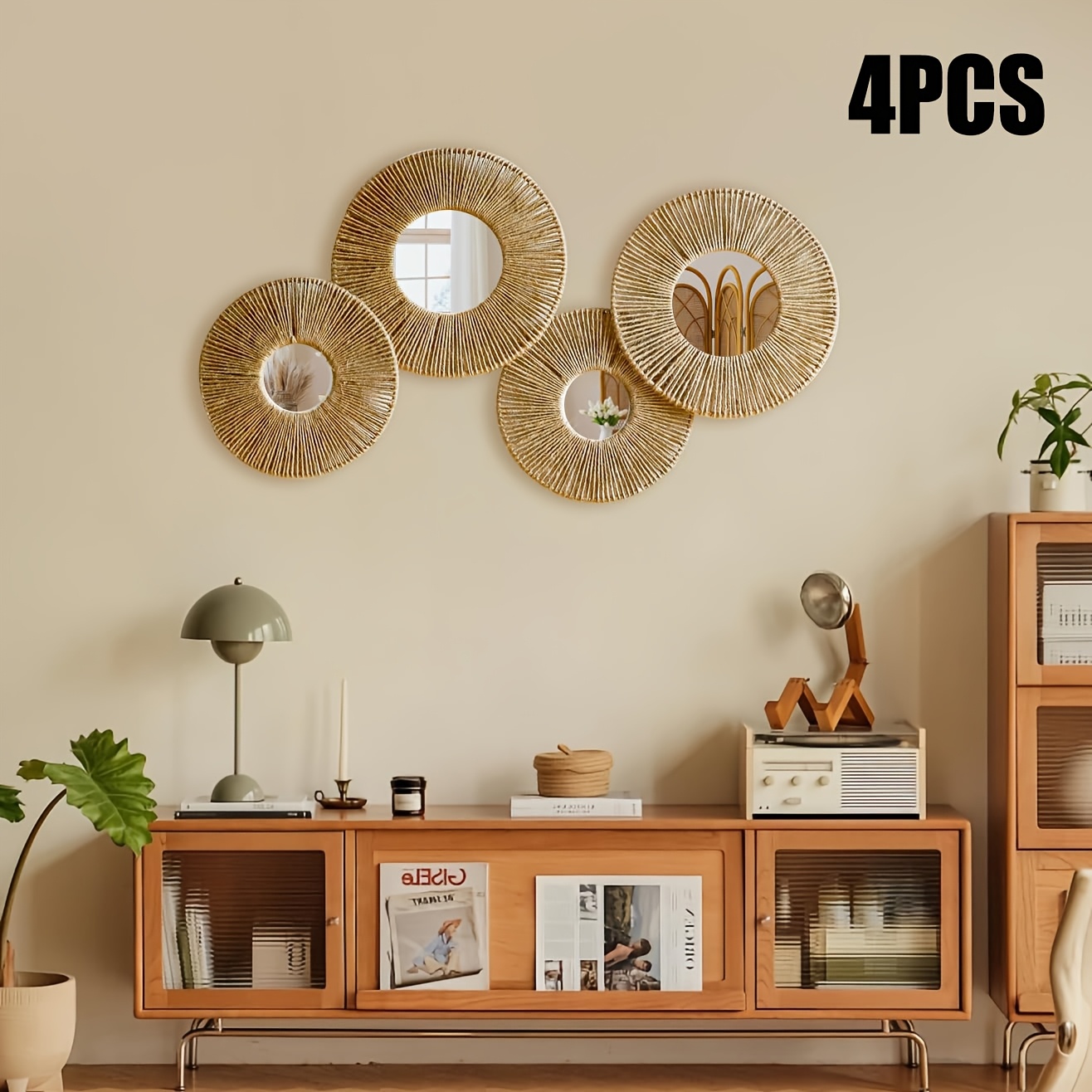 Hanging Baskets Wall Art, Decorative Wicker Basket Boho Wall Hanging, Rustic Round Mirrors Rattan Home Decor Set for Bedroom Living Room
