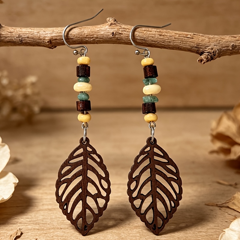 Image of Cross-border New Retro Bohemian Style Handmade Bead Splicing Geometric Hollow Wooden Earrings For Gift