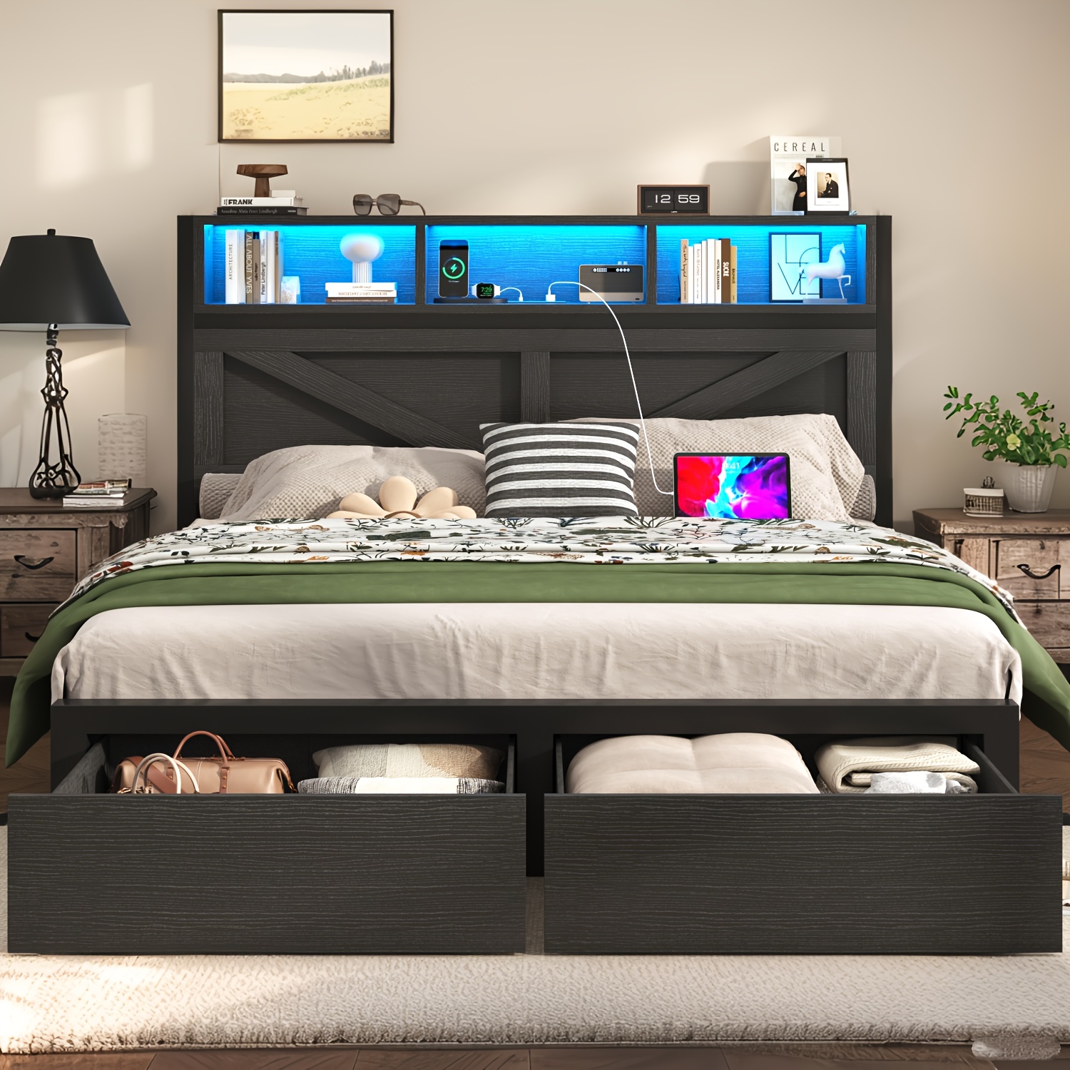 Farmhouse Bed Frame with Storage Headboard and Drawers, LED Light and Charging Outlet, Noise Free, No Box Spring Needed