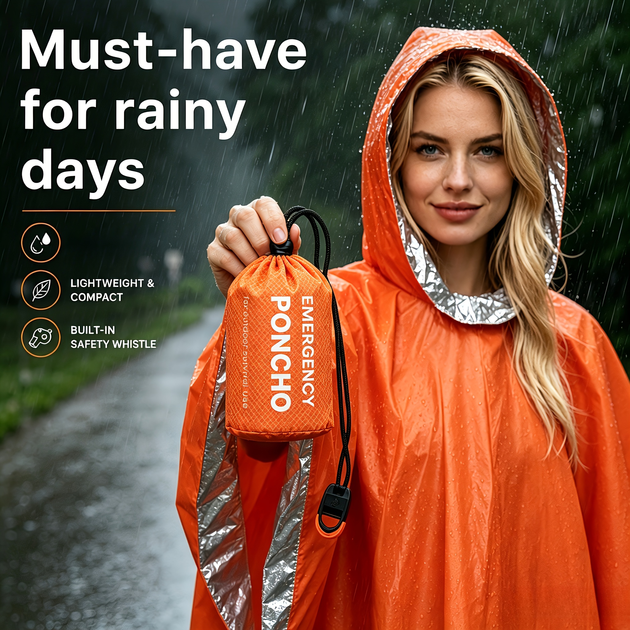 TEMU Emergency Raincoat&rescue Whistle, 3pcs Raincoat Set With Storage Pouch, High Quality, Tear Resistant And Thermal Emergency Bag, For Hiking,