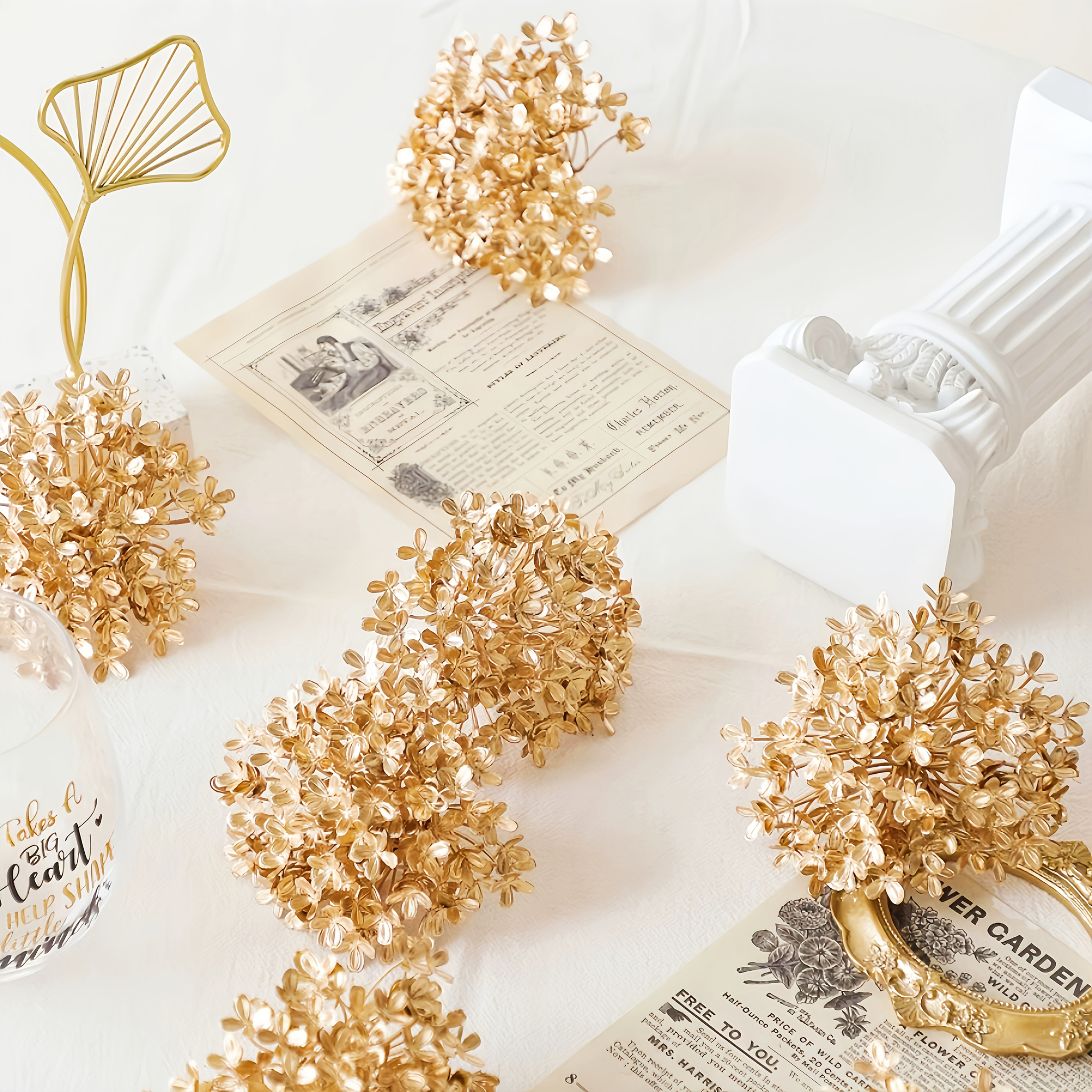 Image of 20pcs Of Artificial Golden Hydrangea Flower Heads, Perfect For Decorating Homes And Weddings During Festival And Christmas