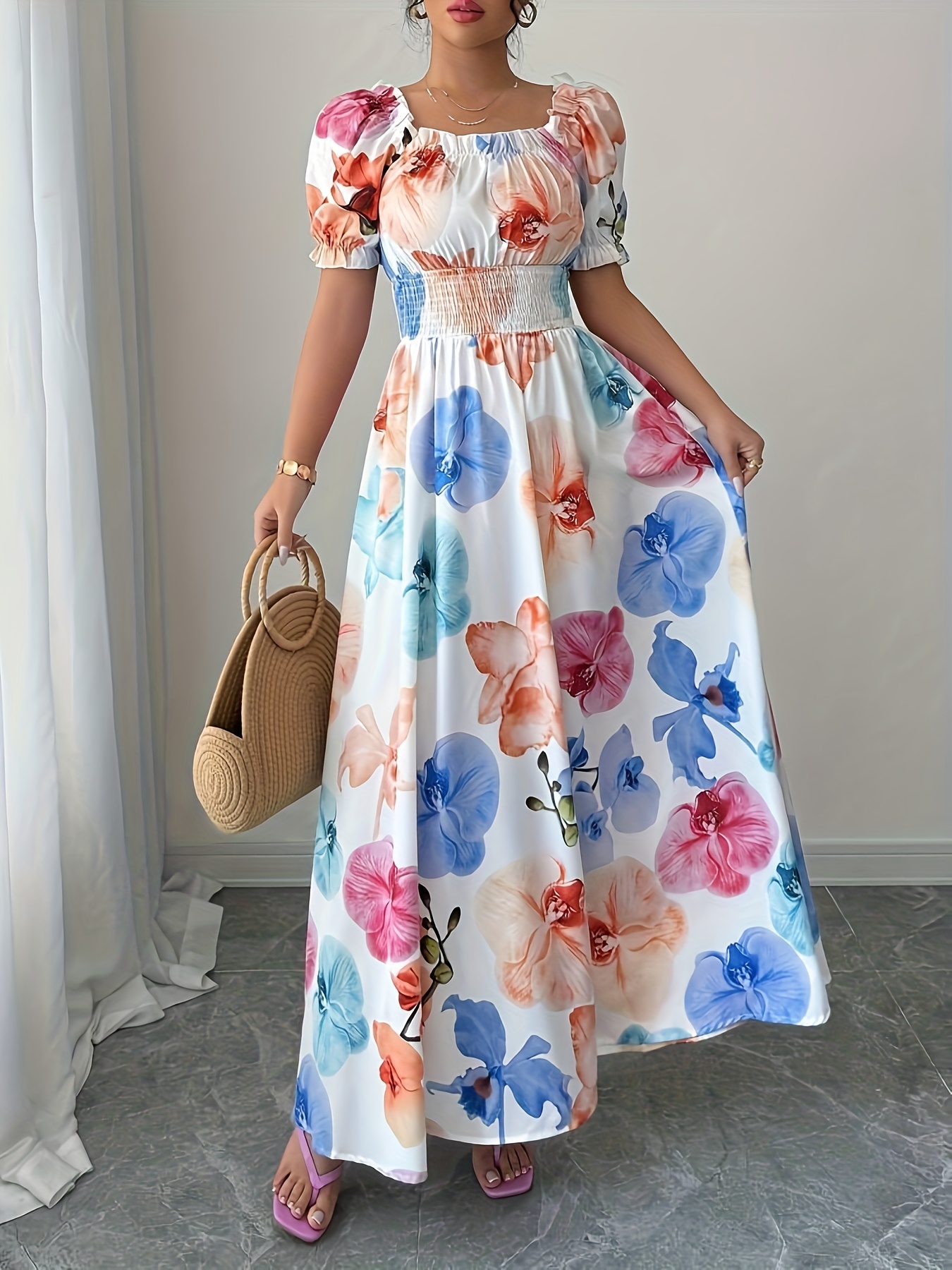 elegant floral print maxi dress ruffle sleeves lantern - Temu