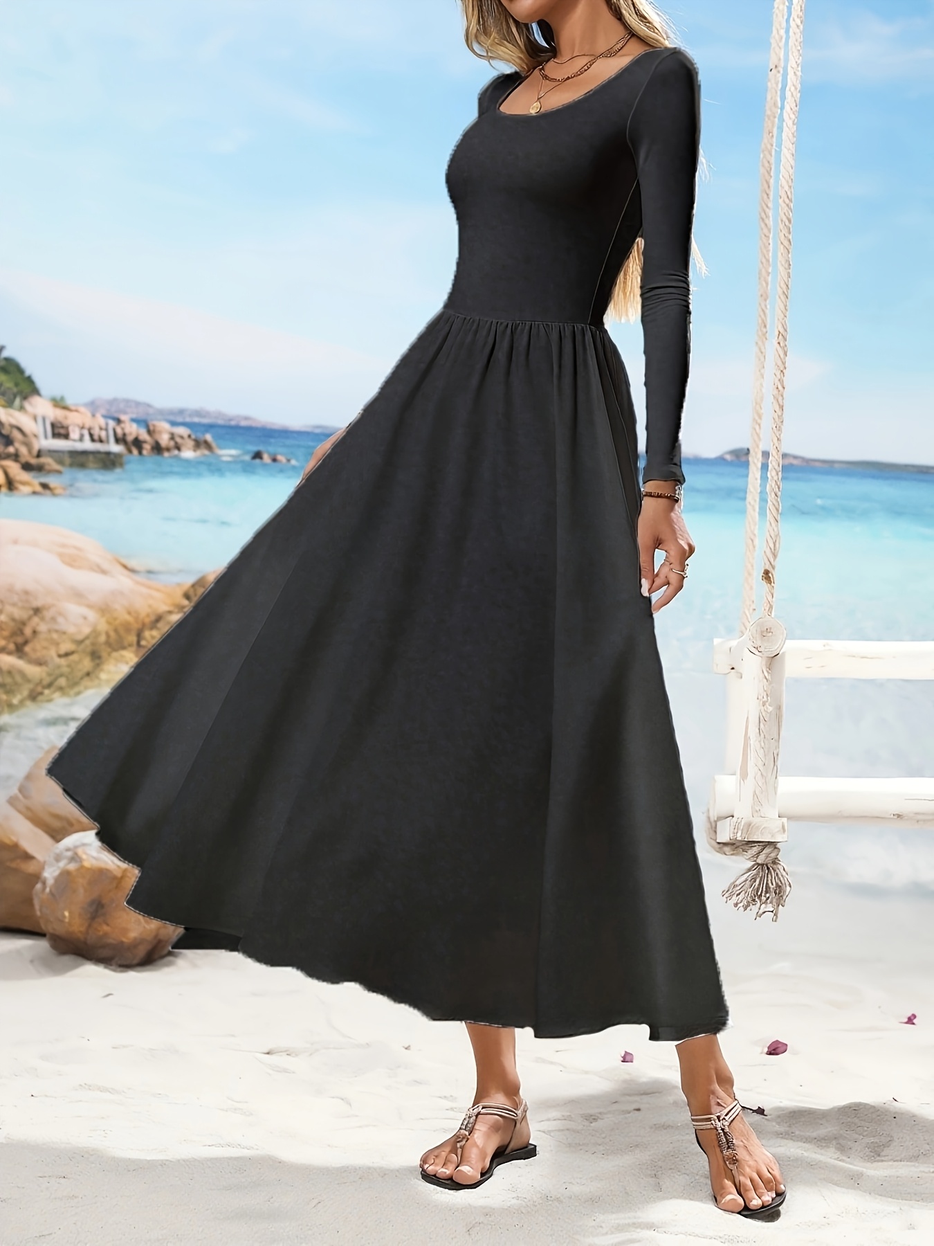 chinese dress ladies Lace Long Sleeve Maxi Dress Black / M