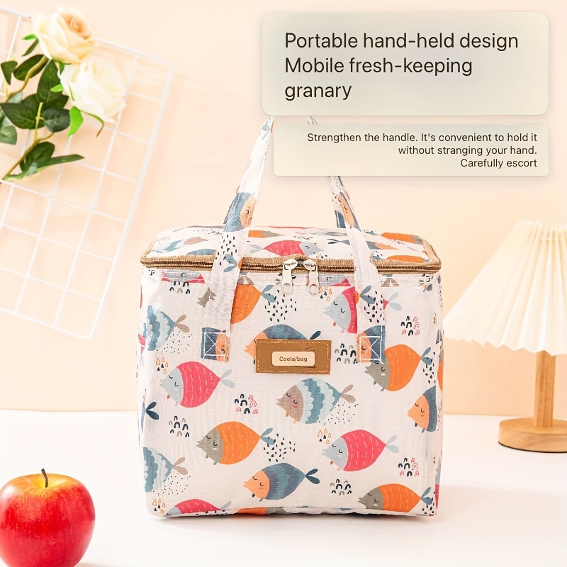 

1pc Insulated Lunch Cooler Bag With Aluminum Foil, Oxford Fabric Picnic Tote With Durable Handle, Printed Fish & Bunny Design, Portable Food Delivery Thermal Bag