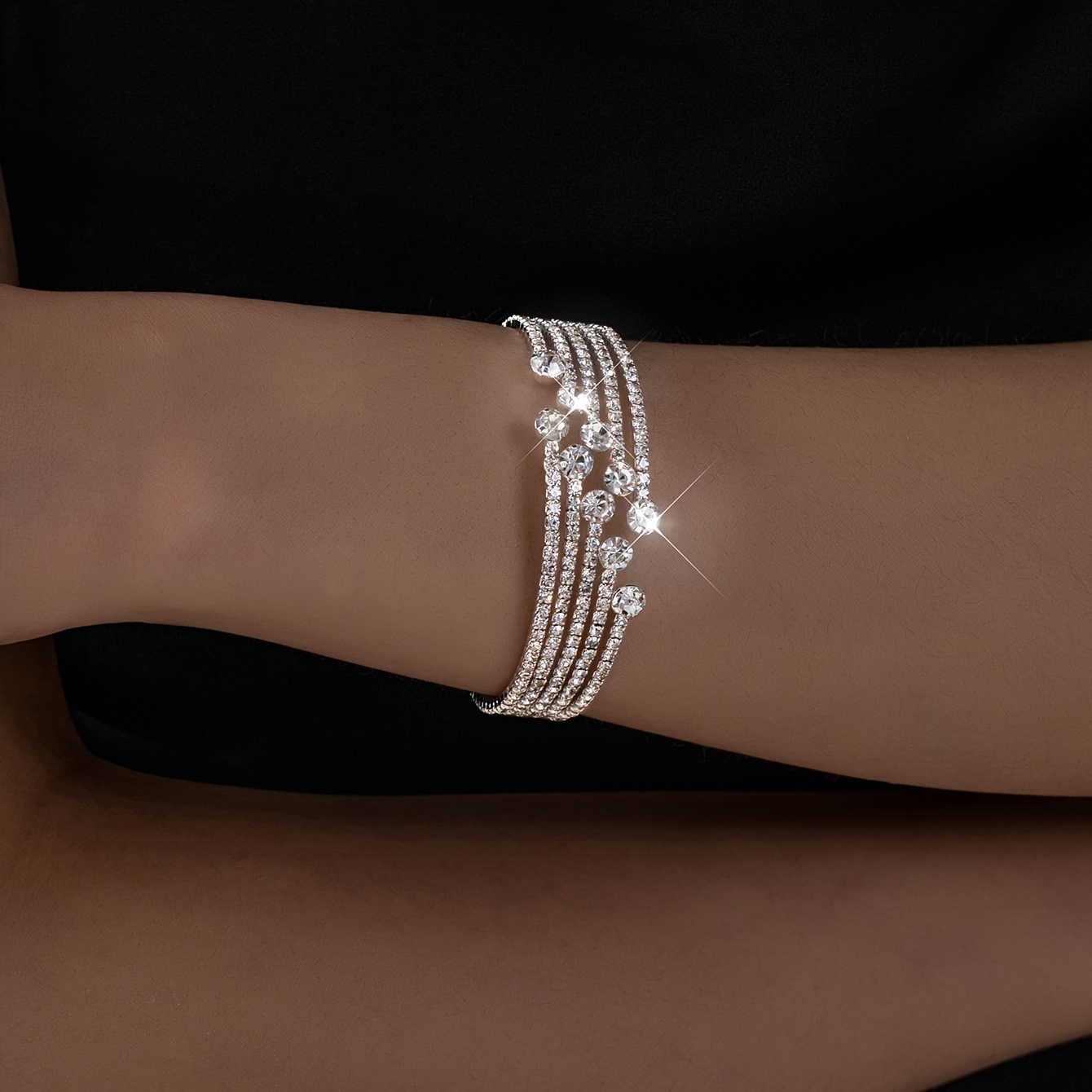 TEMU Korean-style European And American Bracelets, Fashionable Bangles With Rhinestones, Elastic Diamond-studded Wristbands, Trendy Bridal Bracelets