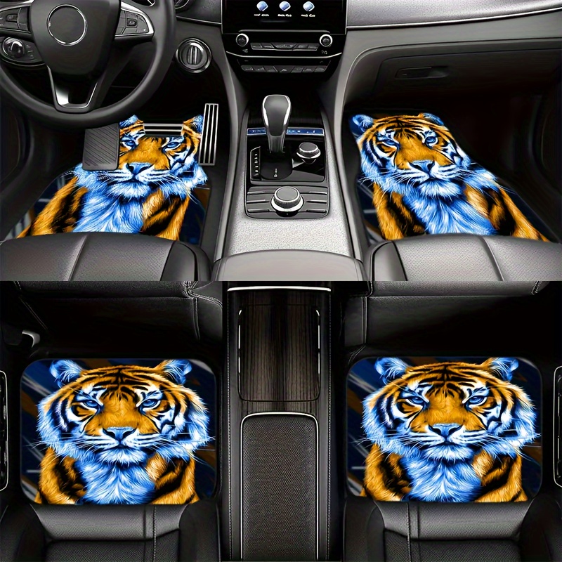 

4-piece Set Tiger Pattern Vehicle Floor Mats, Non-slip Polyester Fiber Front And Rear Mat Set For Automotive Interior Accessories