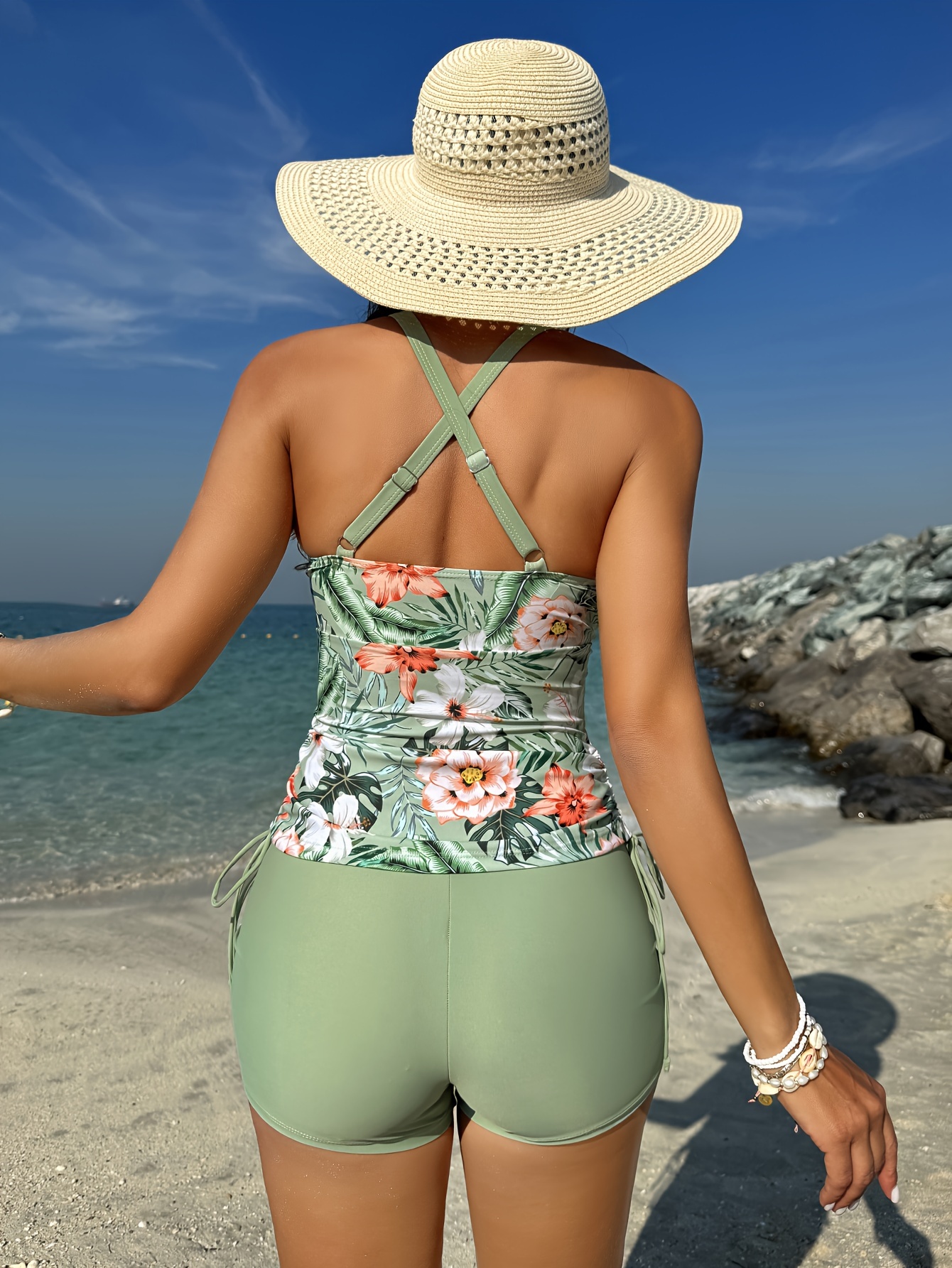 Floral Print Drawstring Square Neck Tankini Set