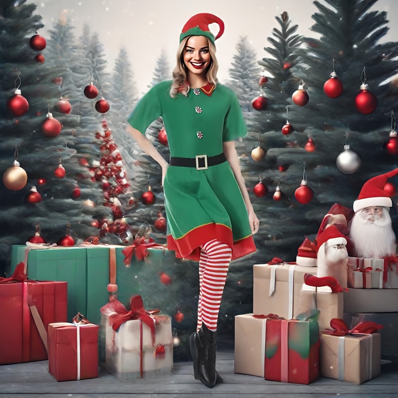 Conjunto De Disfraces De Elfo Navideño Para Toda La Familia | Incluye Gorro, Cinturón Y Medias | Tallas De Adulto Y Niño | Ideal Para Fiestas Y Fotos De Navidad