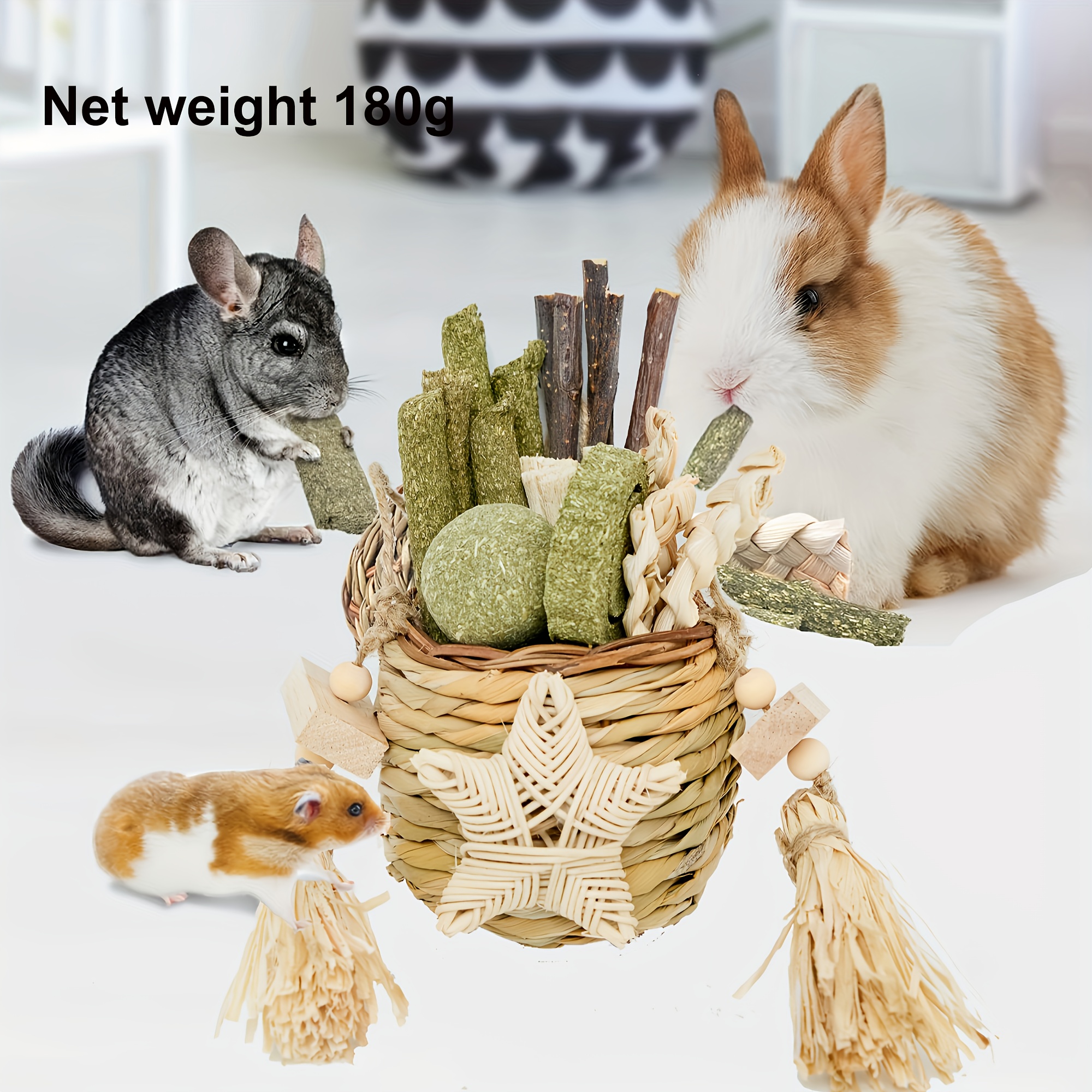 TEMU Natural Woven Rattan Basket Toy For Rabbits And Small Pets - Includes Chew Toys, Tunnel, And Hanging Play Ball For Dental Health And Enrichment