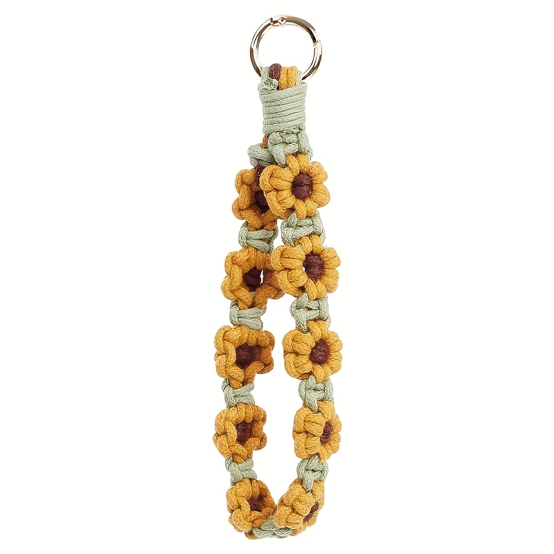 TEMU Handmade Boho Macrame Keychain Wristlet â Exquisite Crochet With Yellow & Green Color Blocking, Perfect For Women's Keys Or Phone Lanyard,
