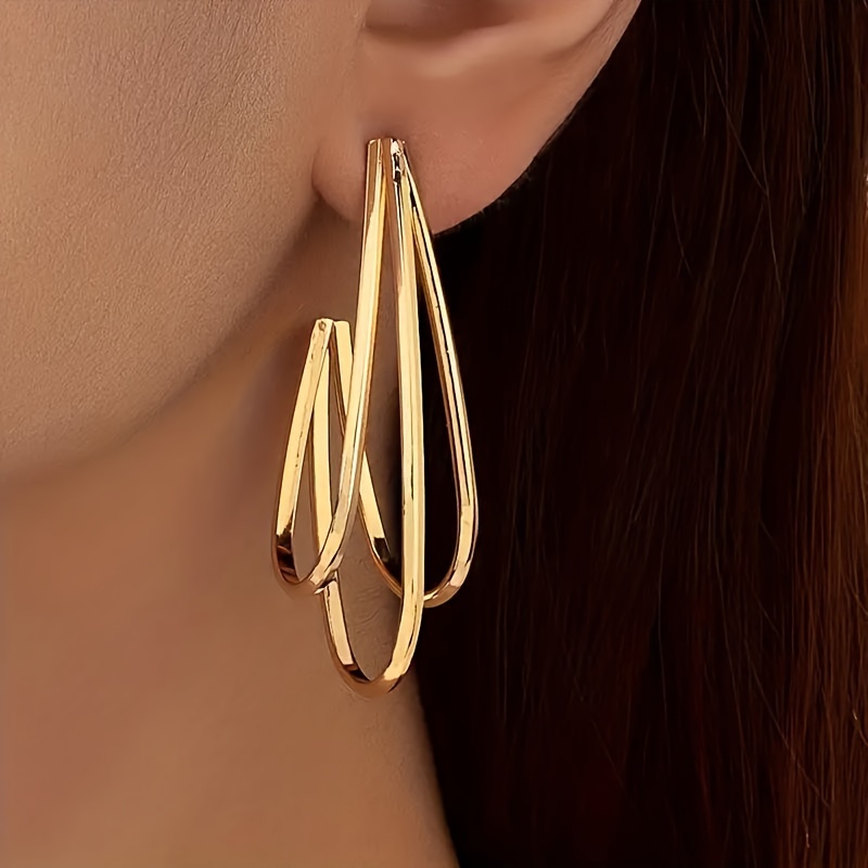 

Elegant Simple Triple Line Hoop Earrings For Women, 14k Golden Plated Iron, Daily Wear Stud Earrings, All Season Fashion Accessory