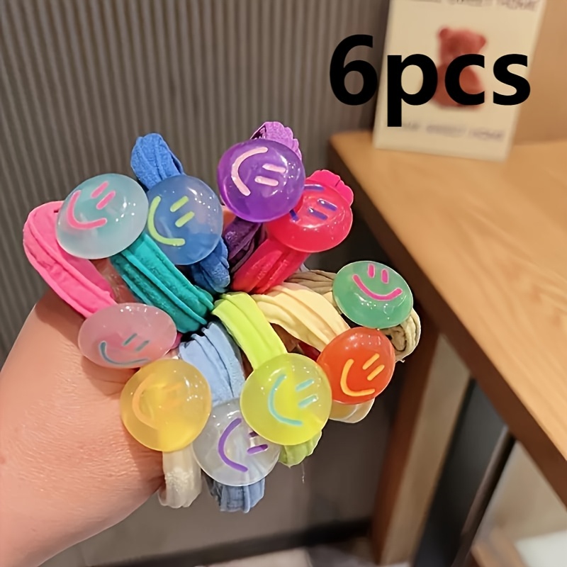 TEMU 6-pack Sweet Cool Dopamine Acetate Face Fabric Hair Ties - Candy-colored Jelly Acrylic Ponytail Holders With Face Charms, Non-damaging High Hair Accessories For Teens & Adults (14+)