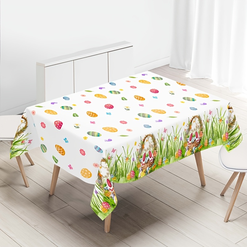 

1pc Easter Bunny & Eggs Cartoon Tablecloth, 130x220cm Disposable Plastic Rectangular Table Cover, Machine Made Decor For Home Kitchen Dining, Easter Party Supplies Without Electricity