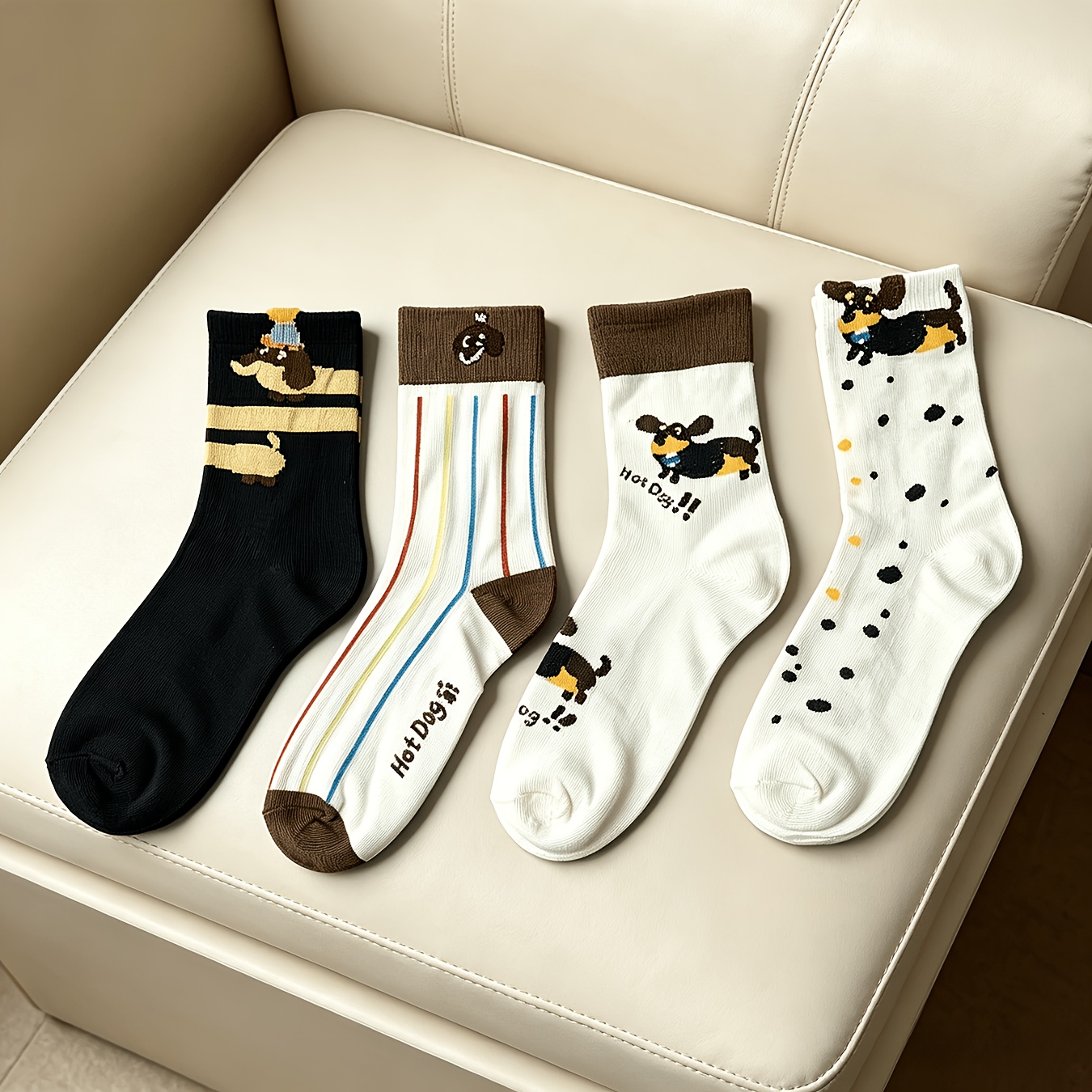 Image of 4 Pairs, Cartoon Dachshund Women's Medium Tube Socks, Spring And Summer Trendy Medium Tube Socks, Fashionable And Trendy Stacking Socks