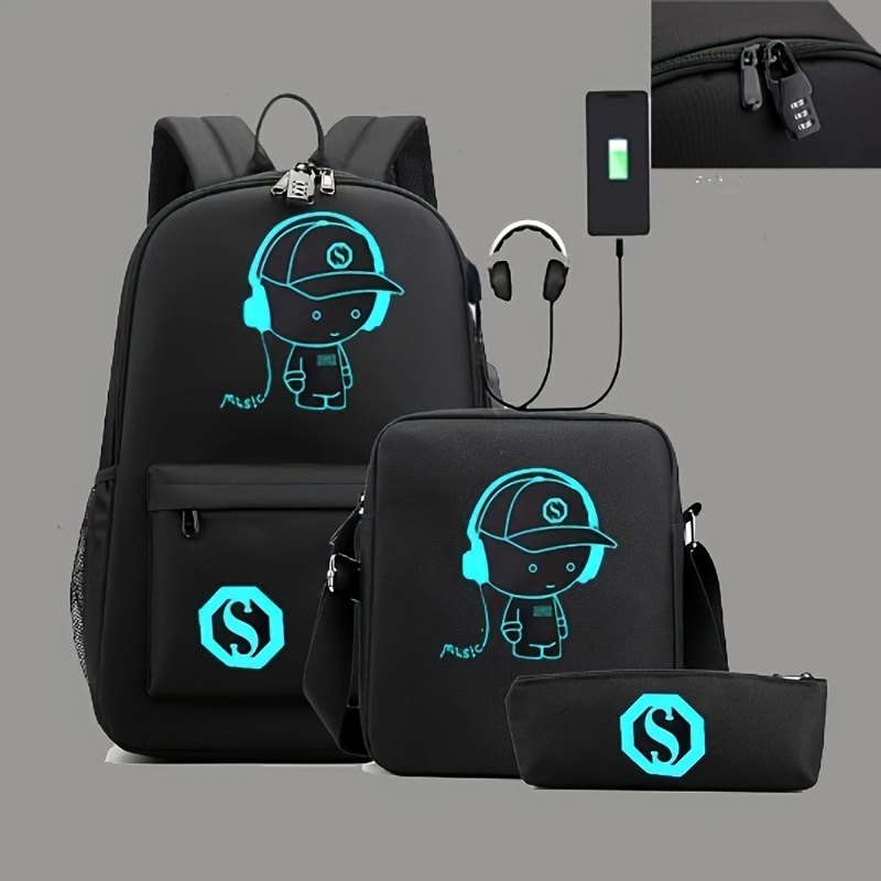 

3pcs/set Trendy Waterproof Backpack Set, Large Capacity Durable Fashion Luminous Print Backpack With Usb Charging Port