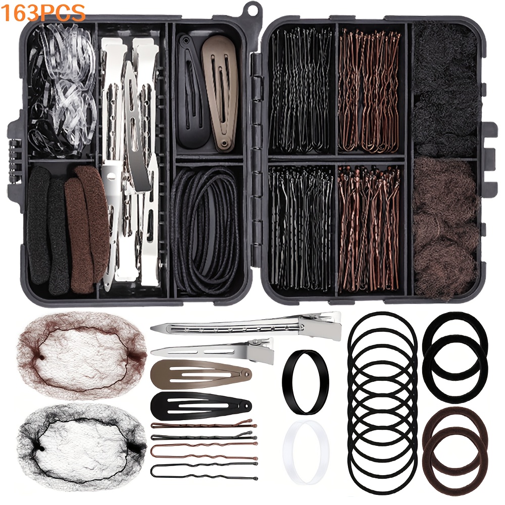 TEMU 163pcs Hair Ties Clips Nets Styling Kit Girls Additions Portable Hairstyle Tools Performance Styling Pack