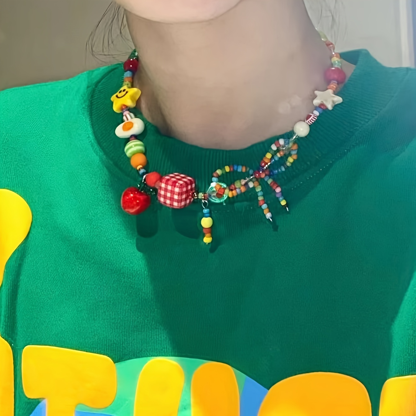 

1pc Collier Ras du Cou Coloré avec Perles et Breloques Pomme et Étoile, Style Vacances , & Cadeau, Port Toutes