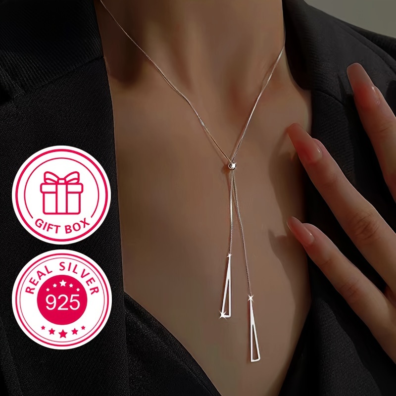 

925 Silver Glossy Hollow Triangle Pendant Necklace Simple Style Long Neck Chain Jewelry With Gift Box