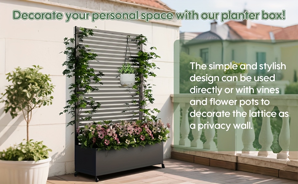 metal planter box with trellis privacy screen 73   x 30 double planter box raised garden bed with trellis wheels planter box outdoor with drainage holes for climbing plants vegetable vines white and black Product details 2