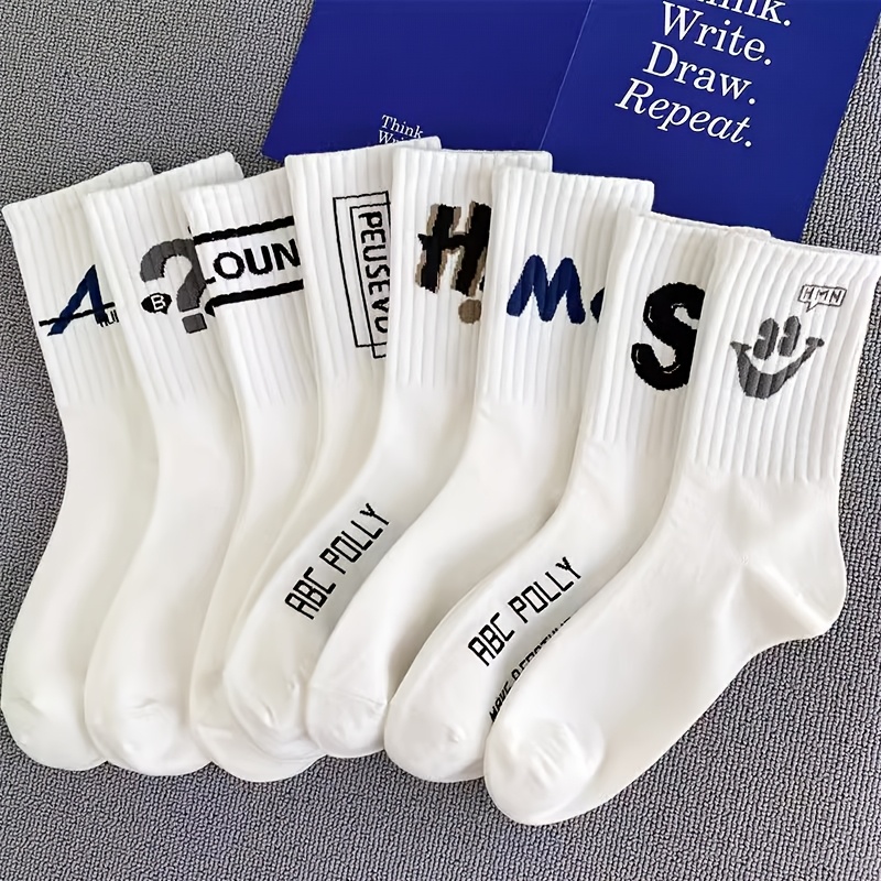 TEMU Random 5/10 Pairs Of Colors Autumn Winter Men's Mid-calf Socks - White Letter Print Fashion Trendy Easy Casual All-match Sweat-absorbent