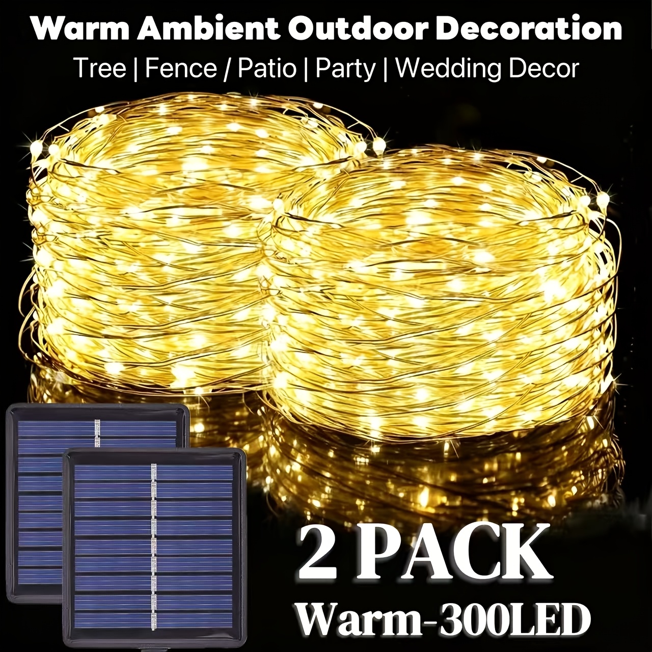 TEMU 2pack, Outdoor Solar-powered Copper Wire String Lights For , Warm- Lighting Strips, 8 Lighting , Suitable For Decorative Lighting In Courtyards,