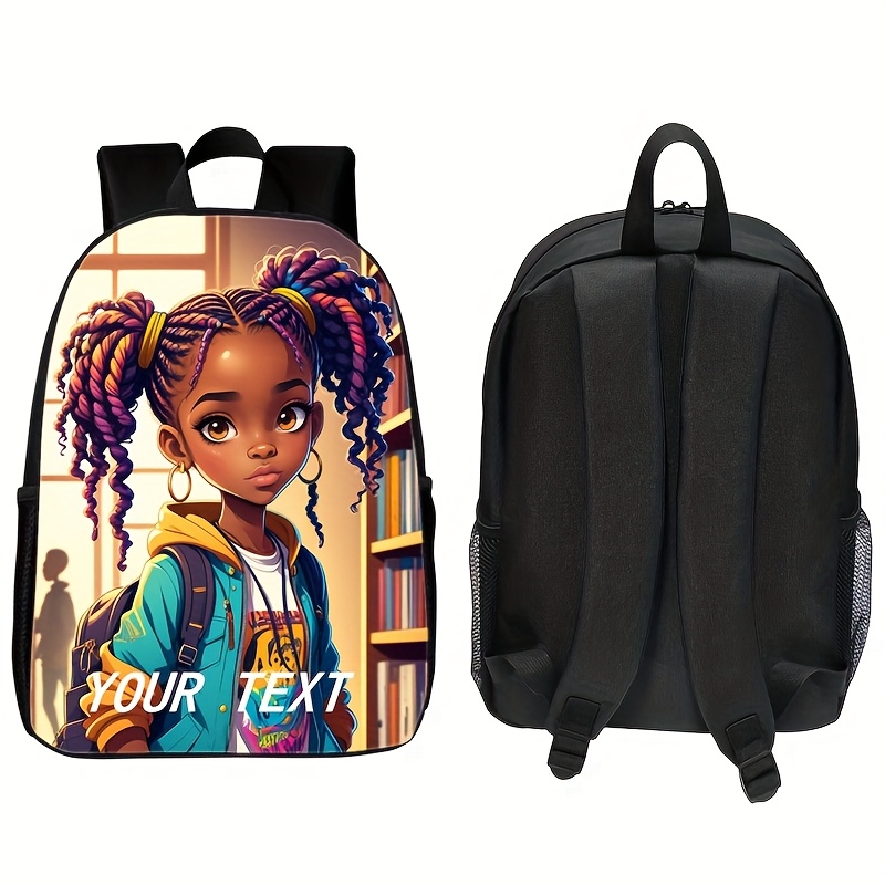 African Girl Backpack with Book Corner Print - Large Capacity Lightweight School Bag, Adjustable Straps & Tablet Compartment, Durable Zipper Closure, Hand Wash Only, Everyday Carryall | Personalized Text Area | Secure Storage, Backpack for School - Image 3
