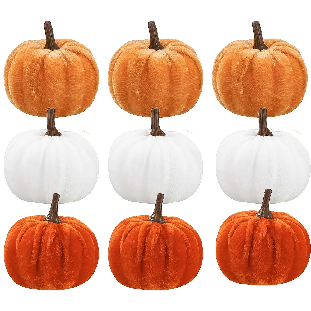 Image of 9pcs Synthetic Flannel Pumpkin Decoration Set, For Halloween, Thanksgiving, And Autumn-themed Living Room Decor, Ideal As A Tabletop Display For Pumpkin Festival Celebrations