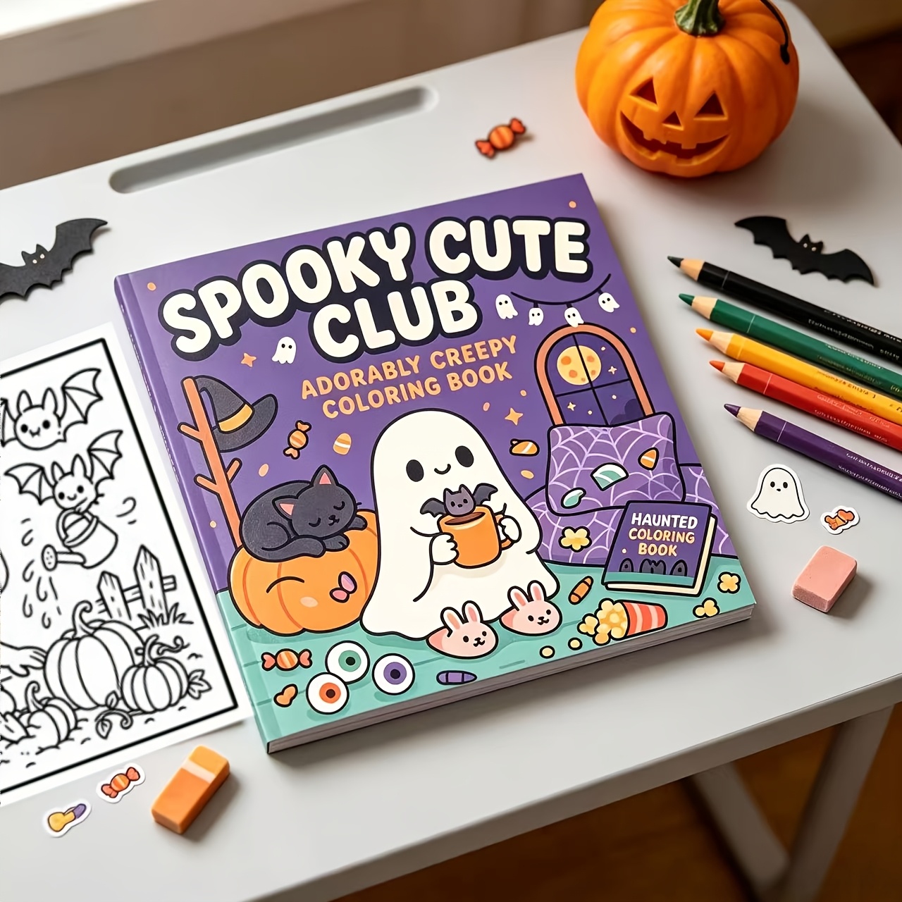 TEMU 1pc Adorable Halloween-themed Coloring Book, 24 Pages Single-sided Design, Featuring , Pumpkins, Black Cats, Bats, Candies, And Cozy Halloween
