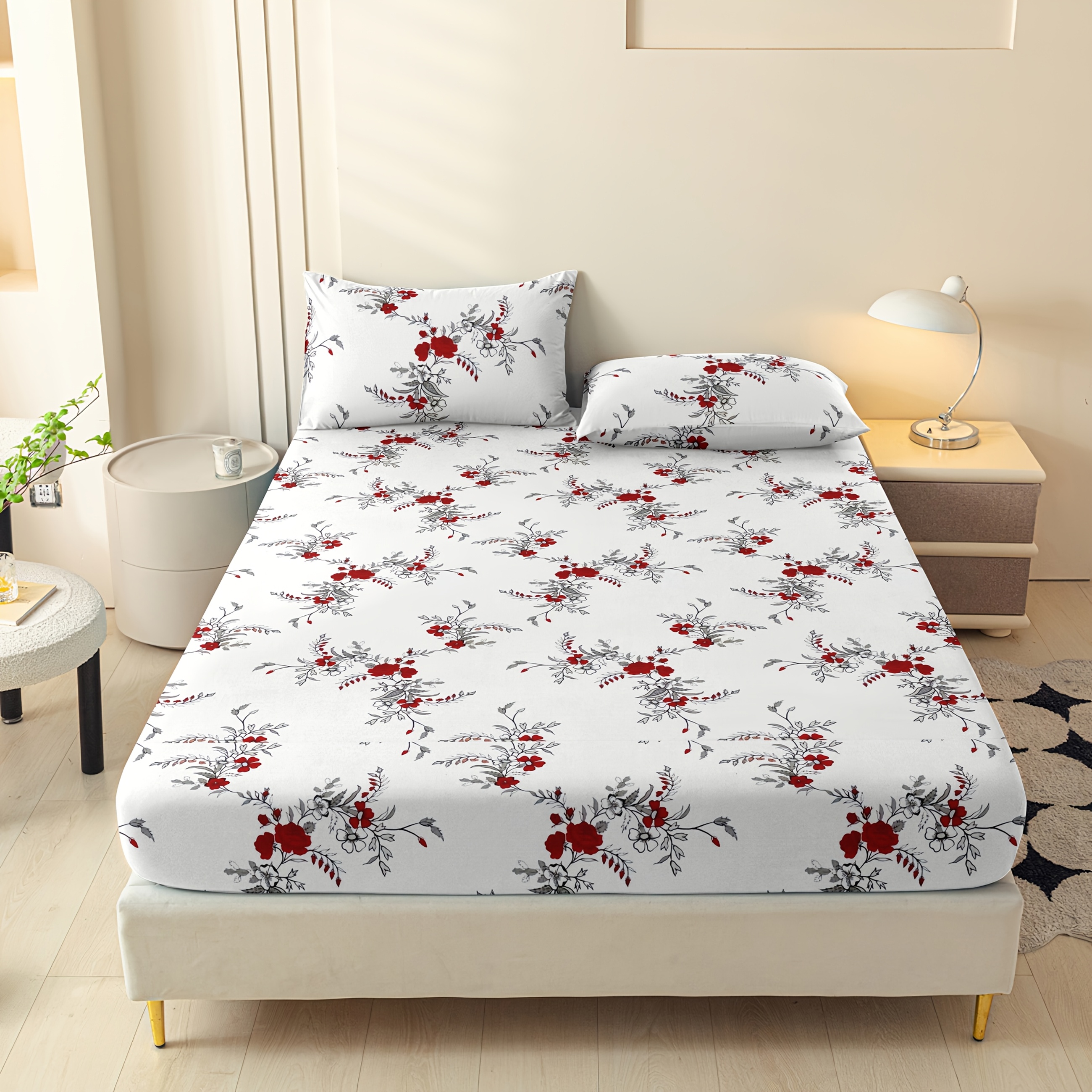 3pcs Pattern Printed Bedding, Fashionable And Comfortable, Suitable For Bedroom And , 1pc Fitted Sheet And 2pcs Pillowcases, Core-free