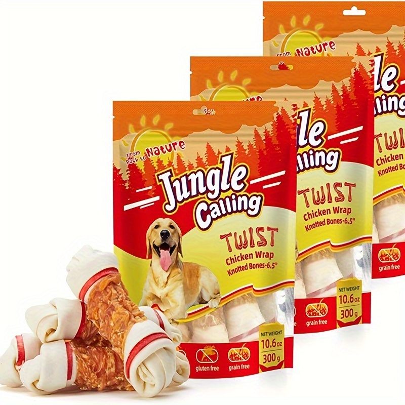 

Jungle Calling Chicken Wrap Knotted Dog Chews 6.5" Pack Of 4, Long Lasting Beefhide Treats Real Chicken Wrap Rawhide For Large Dogs Training Treats (3 Packs)
