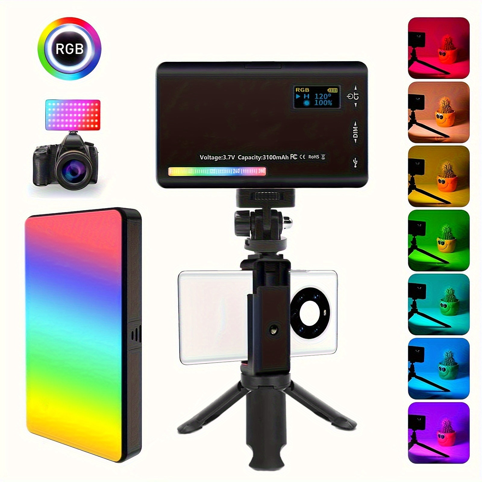 2500k 9000  camera light with tripod phone holder 360 ball head dimmable led video light with soft diffuser rgb led video light photography fill camera lighting panel cri95 lcd display cold shoe for vlog live streaming dslr