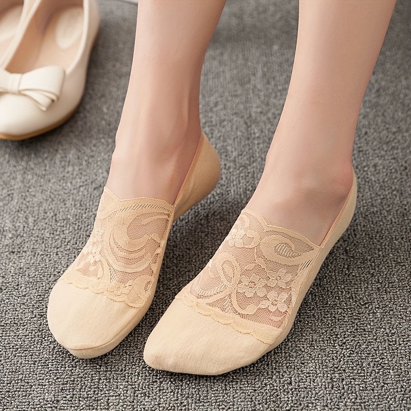 

5 Pairs Thin Lace Mesh Socks, Non-slip Breathable Invisible Ankle Socks, Women's Stockings & Hosiery