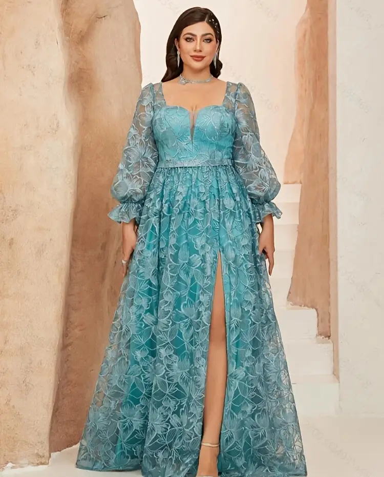 teal lace dress plus size Plus Size Lace Flutter Sleeve Evening Gown