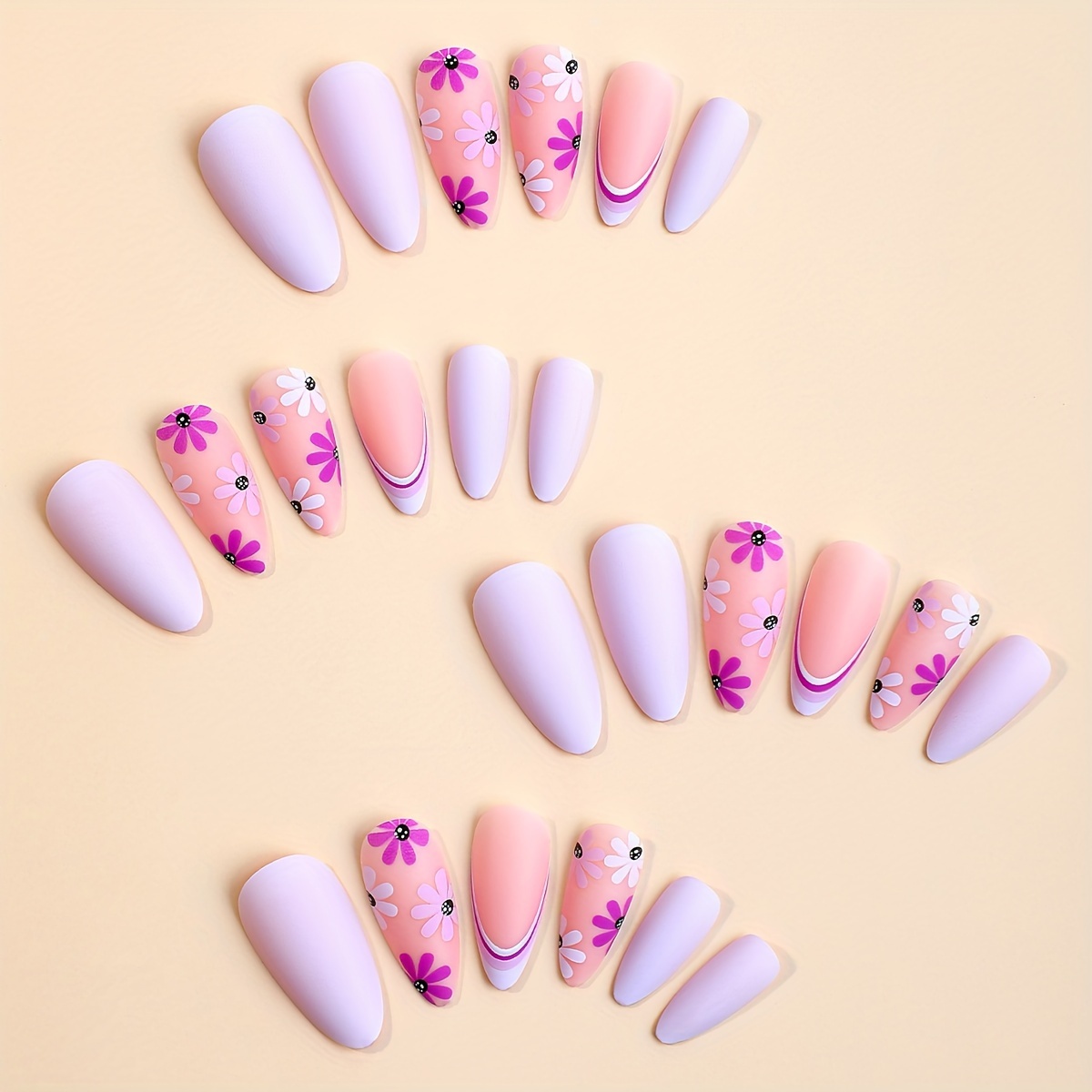 24pcs set spring press on nails white and purple flower medium almond fake nail art nude pinkish acrylic nails purple solid color stick on false nail tips for women girls 1pc nail file and 1sheet adhesive tabs included for easter details 1