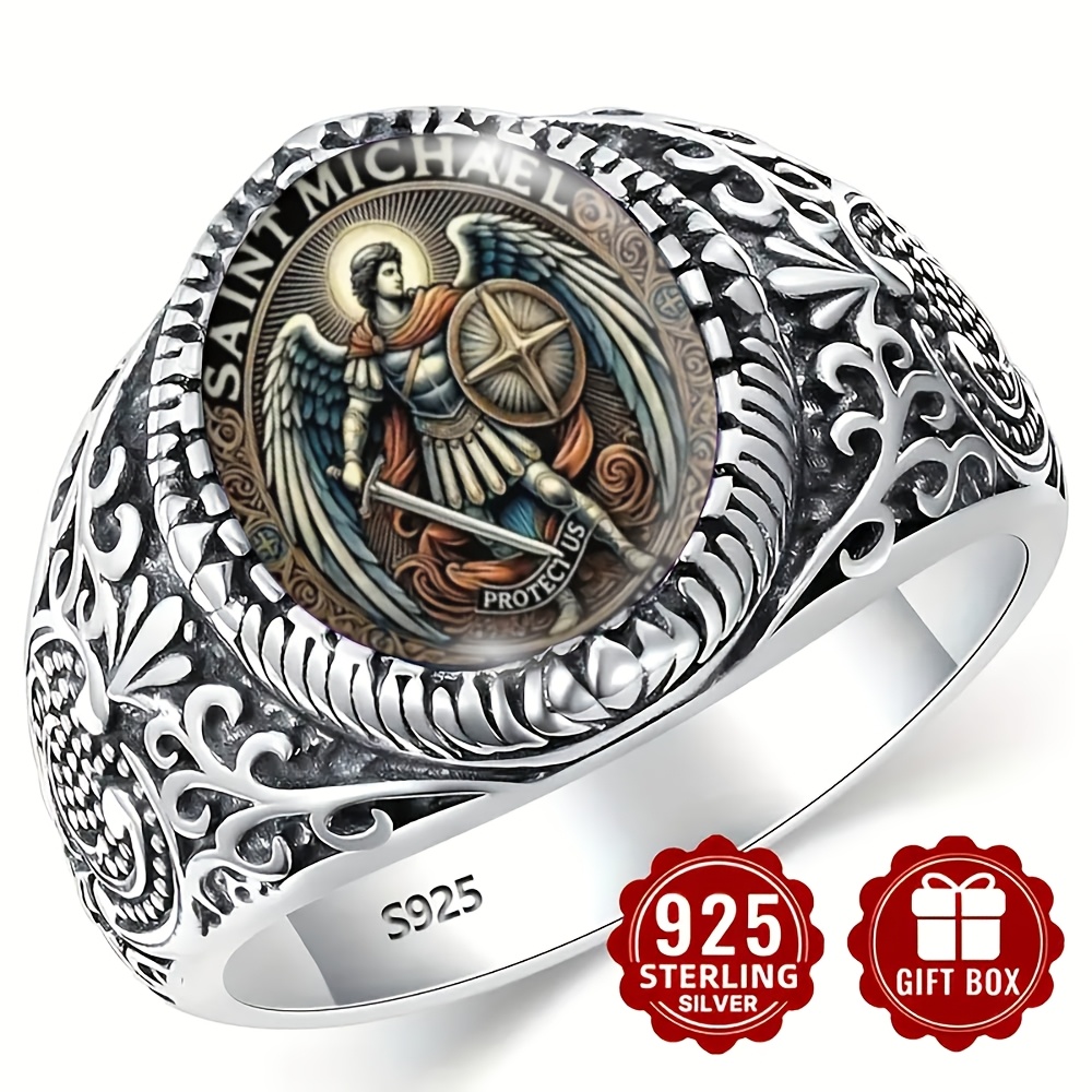 Men's Silvery Round ' Badge Vintage Engraved Ring, Suitable For Daily Wear And As A Gift