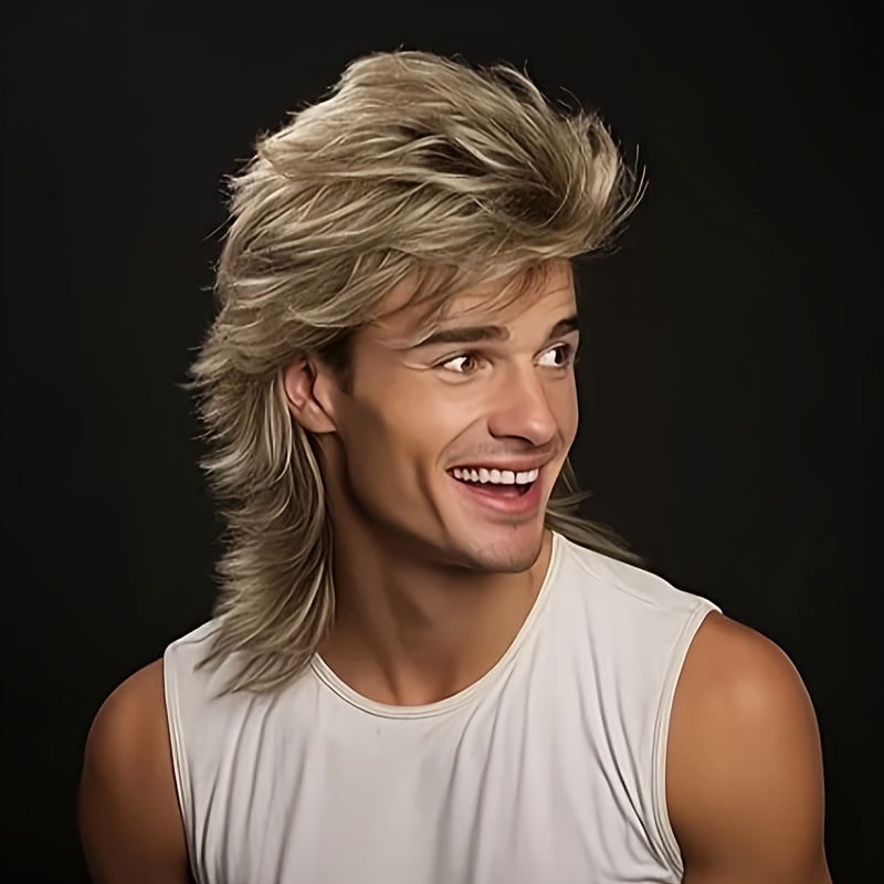 E-shop Herren Lange Lockige Braune Mullet Perücke, für 80er-Jahre-Themen Halloween Kostüme und Party Haare für Jungs
