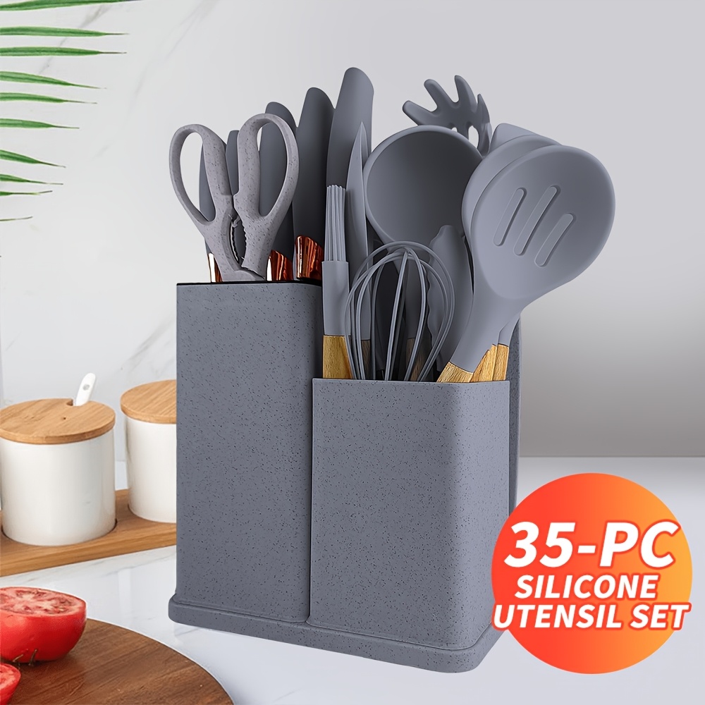 

19pcs Silicone Kitchen Utensil Set With Wooden Handles, Heat Resistant Cooking Tools, Includes Knives And Plastic Storage Organizer - Kitchen Gadgets & Cleaning, Baskets, Bins & Containers For