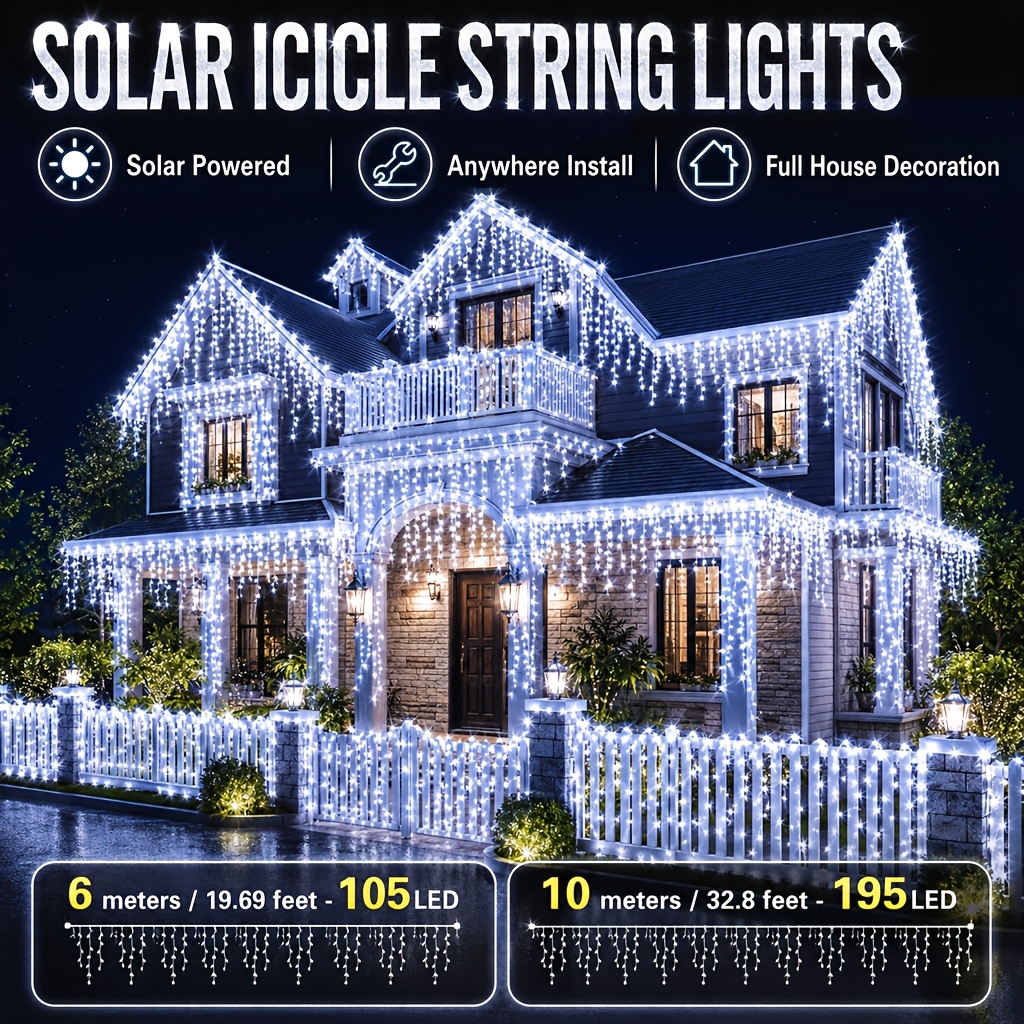 TEMU Christmas Outdoor Icicle Lights 6 Meters/19.69 Feet 105led 10 Meters/32.8 Feet 195led Christmas Lighting Solar 8 Modes For Christmas , Parties,