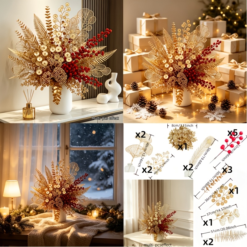 TEMU 19pcs 9-type Golden Mixed Bouquet—light Luxury High-end Home Decor, No Maintenance Required, For Living Room, Dining Table, Tv Cabinet Soft